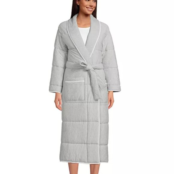 Lands End women's gray quilted heavy robe, white trim, tie waist, size M. - Picture 1 of 3